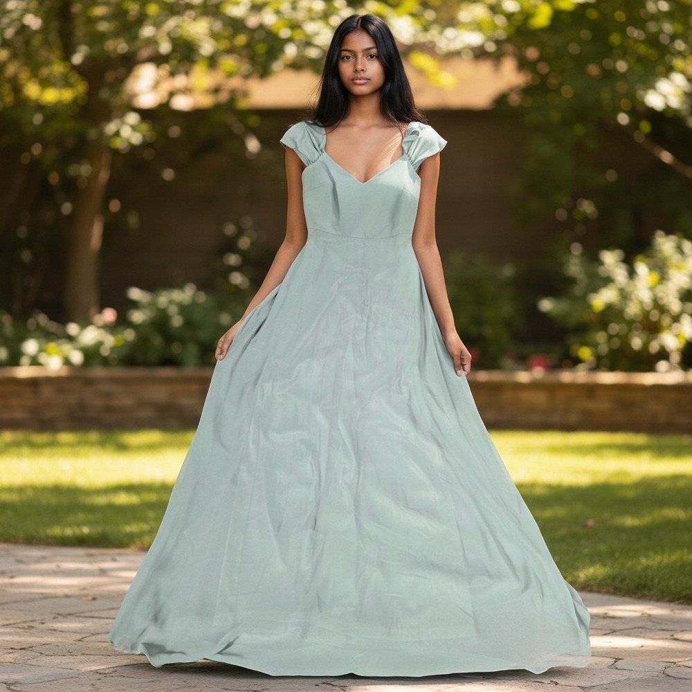 Birdy Grey Womens Small Sage Green Chiffon Cap Sleeve Bridesmaid Dress Maxi